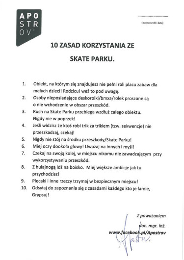 10 Zasad korzystania ze skateparku.