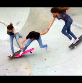 3 Girls 1 Fail - Skateboarding Triple Hand Holding Drop In Fall !?!